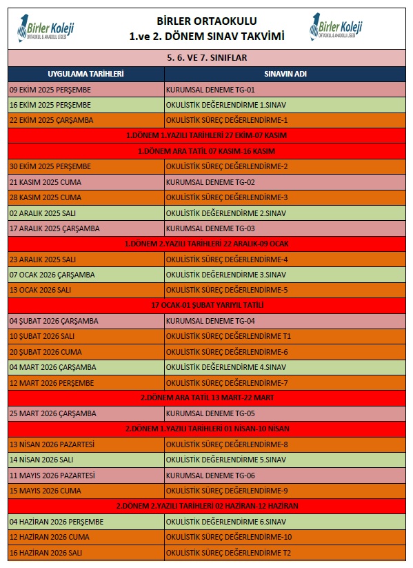 2025-2026 ORTAOKUL 5. 6. VE 7. SINIF SINAV TAKVİMİ